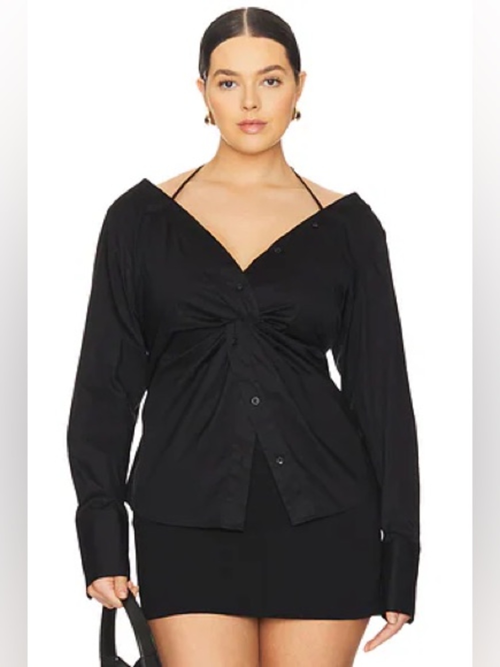 Good American Poplin Off Shoulder Top Black Size M NWOT Cotton Stretch